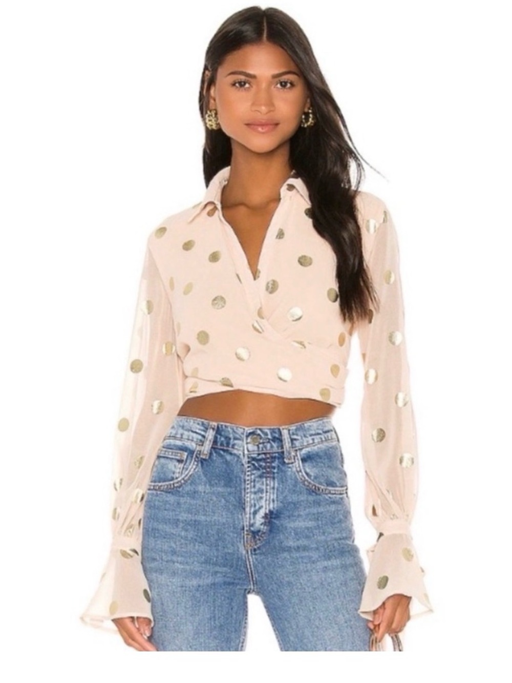 Camila Coelho Blush Pink Cropped Wrap Blouse with Gold Polka Dots